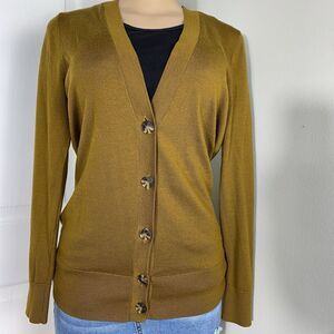 LOFT Cardigan Sweater Womens M Gold Knit Long Sleeve Deep V-Neck Button Front